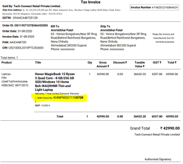 Claim Flipkart warranty using invoice